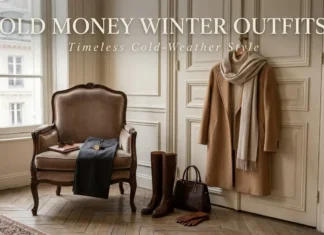 Old money winter outfits featuring a camel wool coat, cream turtleneck, tailored trousers, leather boots and scarf