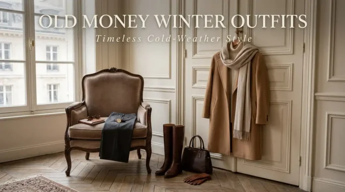 Old money winter outfits featuring a camel wool coat, cream turtleneck, tailored trousers, leather boots and scarf