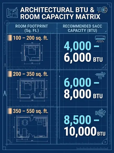 Portable air conditioner BTU chart showing recommended SACC cooling capacity for rooms from 100 to 550 square feet.