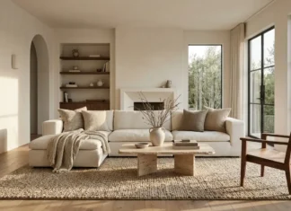 The Pure Lux Living Guide: Quiet Luxury & Modern Minimalism Warm minimalist living room with an ivory sofa, travertine coffee table, walnut accents, and natural textures.