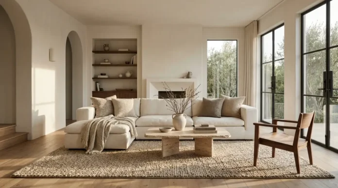 Warm minimalist living room with an ivory sofa, travertine coffee table, walnut accents, and natural textures.