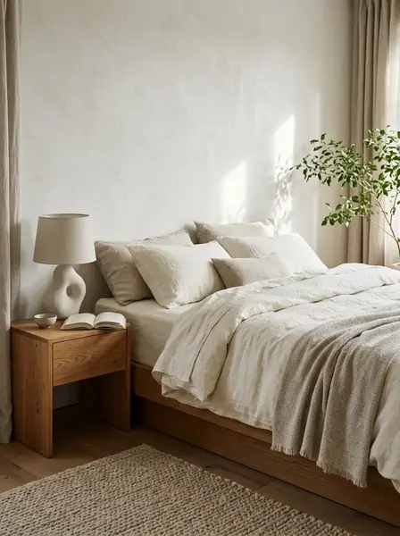 The Pure Lux Living Guide: Quiet Luxury & Modern Minimalism 2 Quiet luxury bedroom with ivory linen bedding, warm oak furniture, and soft natural light.