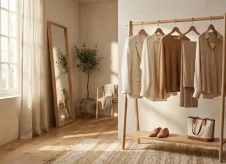 Timeless slow fashion wardrobe featuring linen clothing, cashmere knitwear, and neutral-toned sustainable luxury pieces.
