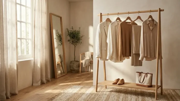 Timeless slow fashion wardrobe featuring linen clothing, cashmere knitwear, and neutral-toned sustainable luxury pieces.