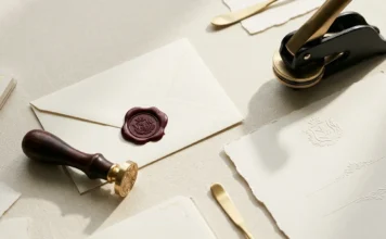 Tactile branding featuring a brass wax seal stamp, custom paper embosser, and elegant luxury stationery.
