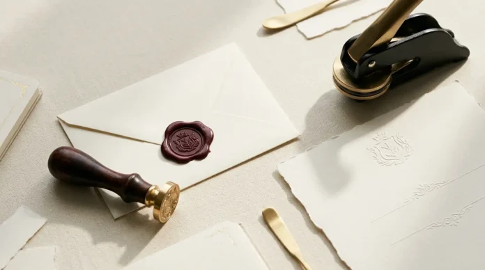 Tactile branding featuring a brass wax seal stamp, custom paper embosser, and elegant luxury stationery.