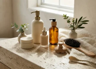 The Quiet Luxury Haircare Routine: Products & Scalp Health Quiet luxury haircare routine with premium hair products and scalp health essentials on a neutral travertine vanity