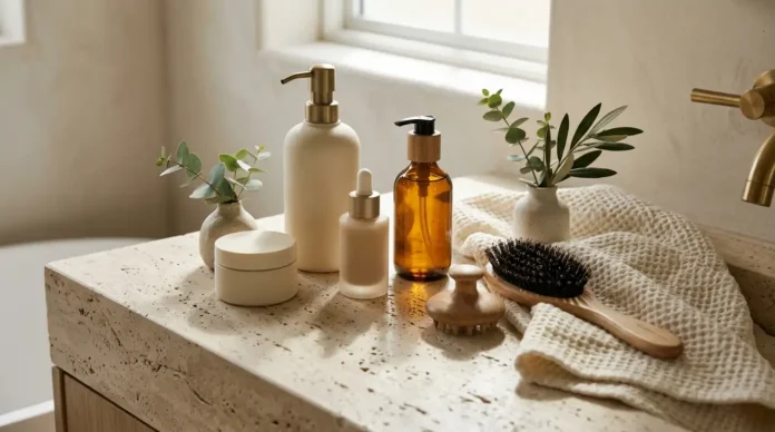 Quiet luxury haircare routine with premium hair products and scalp health essentials on a neutral travertine vanity