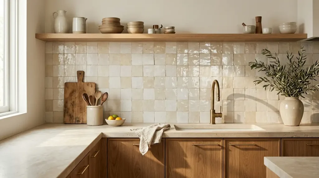 Zellige tile guide: cost, colors, where to use it 1 Zellige tile backsplash in a modern Moroccan-inspired kitchen
