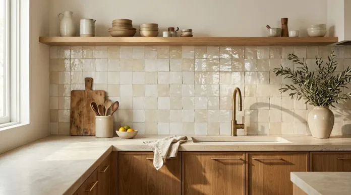 Zellige tile backsplash in a modern Moroccan-inspired kitchen