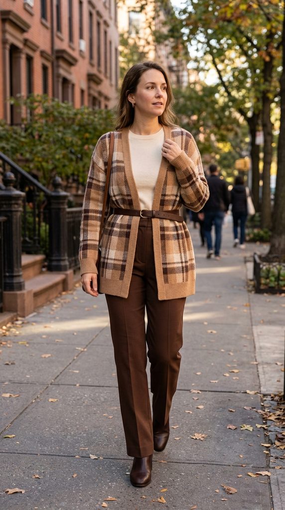 Heritage Knitwear: 7 Refined Ways to Style Plaid Sweaters 6 Long plaid cardigan styled with a slim leather waist belt