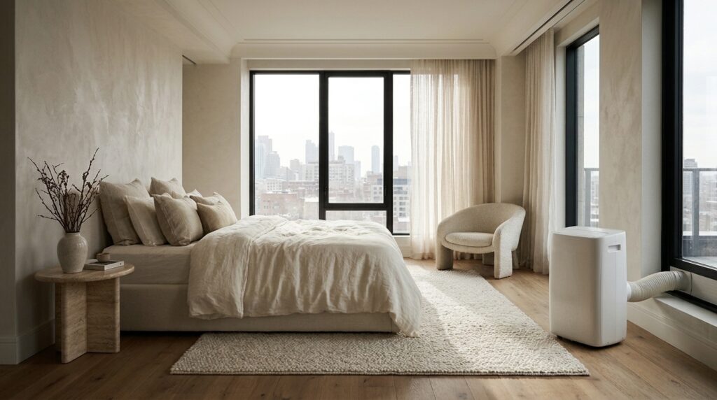 Best Luxury Portable Air Conditioners 2026: Quiet & Sleek 7 Best luxury portable air conditioners in a modern penthouse bedroom with elegant neutral decor