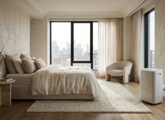Best Luxury Portable Air Conditioners 2026: Quiet & Sleek Best luxury portable air conditioners in a modern penthouse bedroom with elegant neutral decor