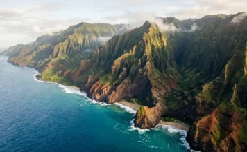 Nā Pali Coast cliffs rising above the turquoise Pacific Ocean in Kauai.