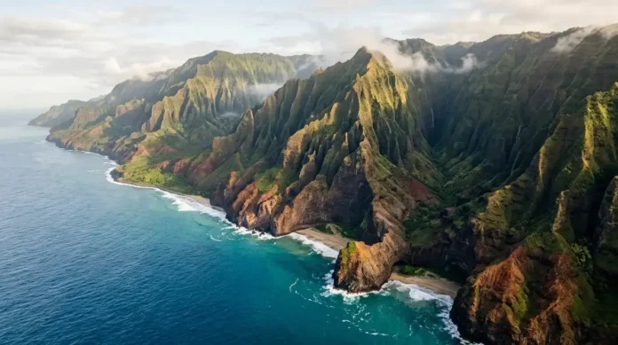 Nā Pali Coast cliffs rising above the turquoise Pacific Ocean in Kauai.