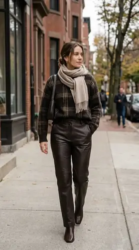 Heritage Knitwear: 7 Refined Ways to Style Plaid Sweaters 5 Dark plaid sweater paired with tailored leather trousers