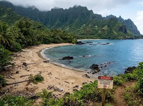 Hanalei Bay shoreline framed by Kauai's green North Shore mountains.