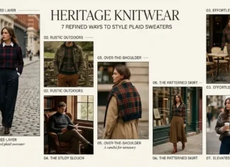 Heritage Knitwear: 7 Refined Ways to Style Plaid Sweaters Woman wearing a neutral plaid sweater with tailored ivory trousers