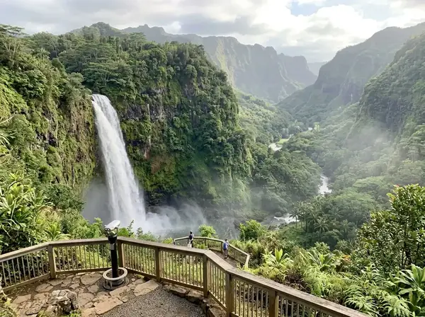 Water cascades through a green valley at a Kauai waterfall.