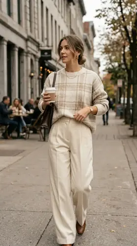 Heritage Knitwear: 7 Refined Ways to Style Plaid Sweaters 1 Cream plaid sweater styled with ivory wide-leg wool trousers