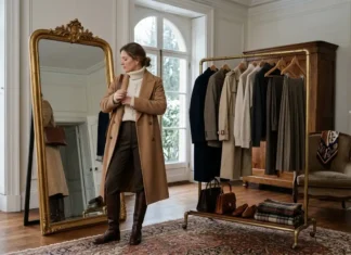 Old money winter capsule wardrobe with camel coat, cream knitwear, and brown boots