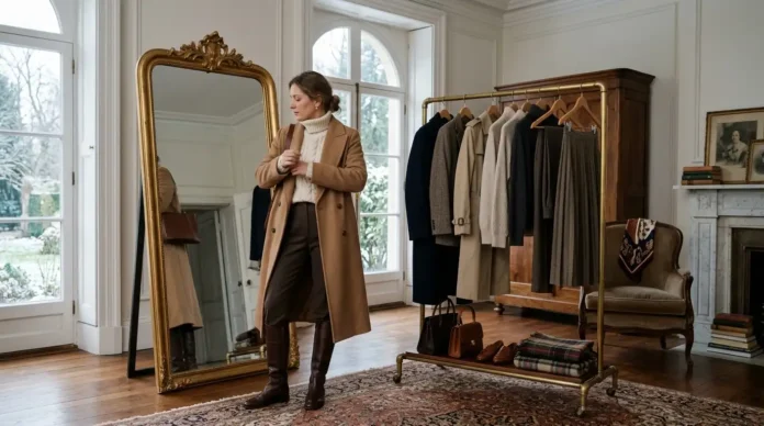 Old money winter capsule wardrobe with camel coat, cream knitwear, and brown boots