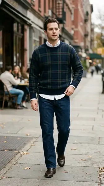 Heritage Knitwear: 7 Refined Ways to Style Plaid Sweaters 4 Plaid crewneck layered over a white button-down shirt