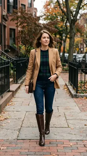 Heritage Knitwear: 7 Refined Ways to Style Plaid Sweaters 2 Tartan sweater paired with a tailored blazer and riding boots