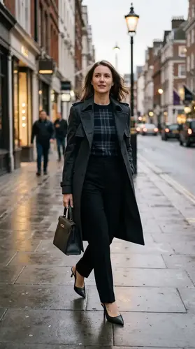 Heritage Knitwear: 7 Refined Ways to Style Plaid Sweaters 7 Dark plaid sweater styled with a tailored coat for evening