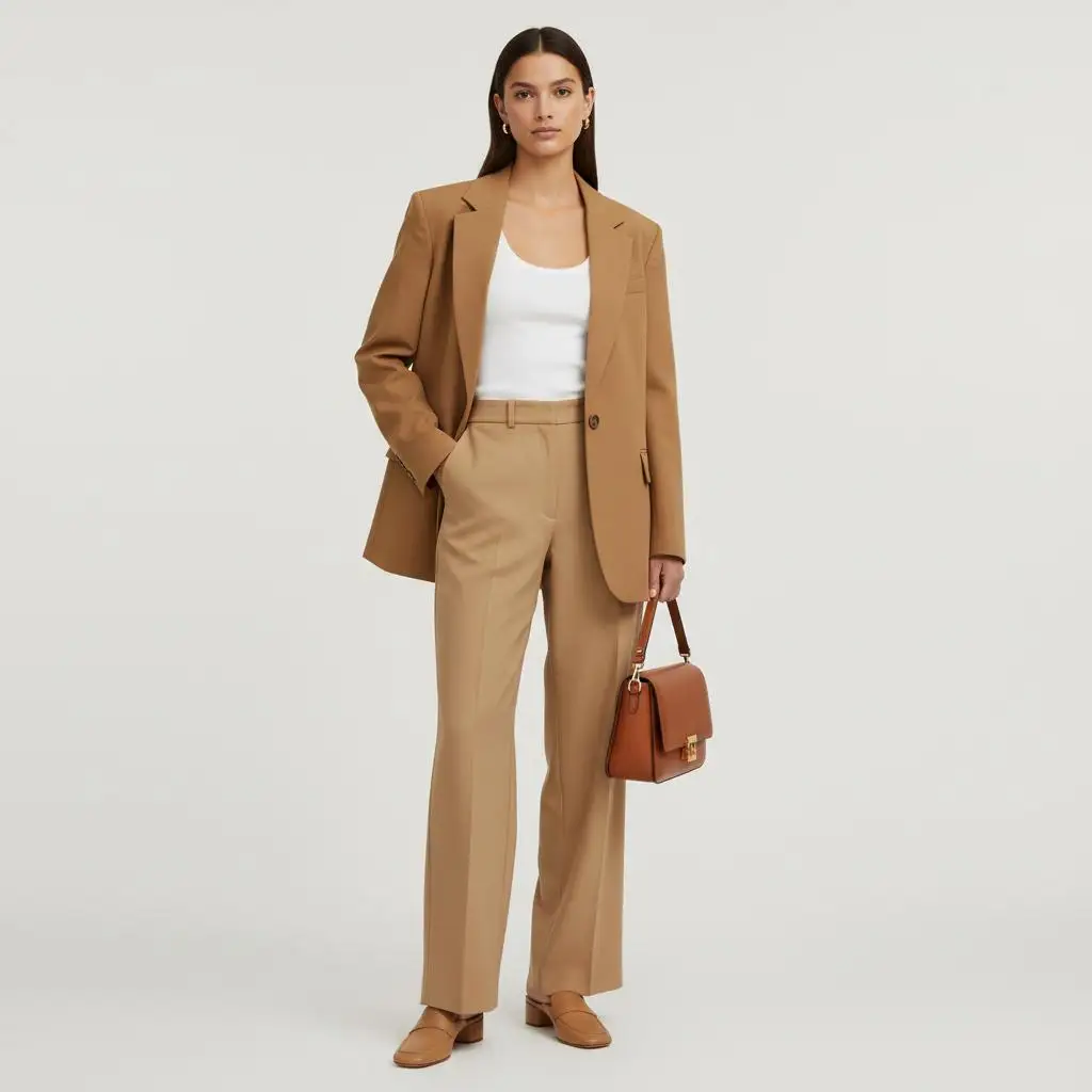 PureLux for Women: Quiet Luxury Wardrobe Guide 2 Women's quiet luxury outfit with camel blazer and tailored trousers