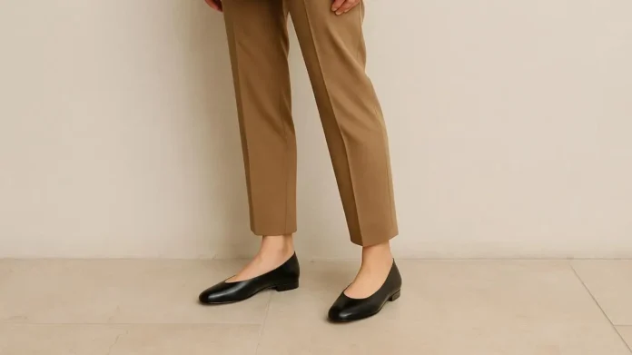 Quiet luxury black leather ballet flats beside a cream cashmere sweater