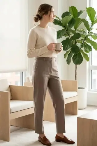 Cream knitwear and taupe wide-leg trousers for business-casual office dressing