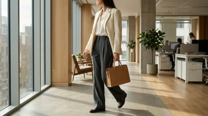 Quiet luxury capsule workwear with cream blazer and tailored charcoal trousers