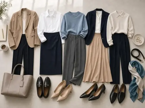 Capsule wardrobe diagram connecting neutral workwear pieces to multiple outfit combinations