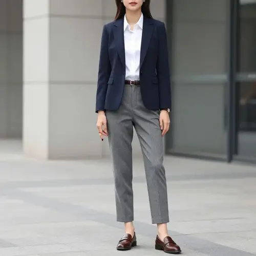 Navy blazer and charcoal trousers styled for a formal professional office