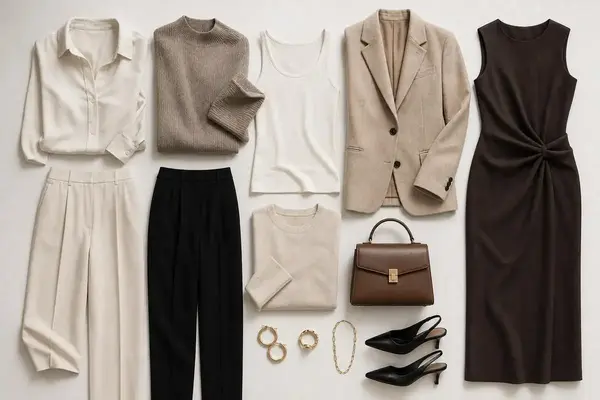 PureLux for Women: Quiet Luxury Wardrobe Guide 1 PureLux Women's capsule wardrobe in cream camel navy and chocolate