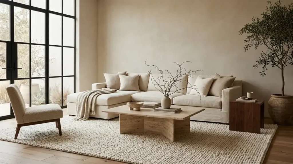 10 Real Travertine Decor Pieces That Elevate Your Living Room 11 Beige travertine coffee table styled in a luxury neutral living room.