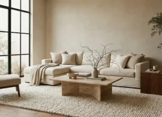 10 Real Travertine Decor Pieces That Elevate Your Living Room Beige travertine coffee table styled in a luxury neutral living room.