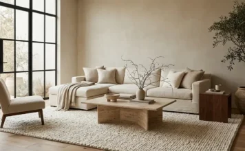 Beige travertine coffee table styled in a luxury neutral living room.